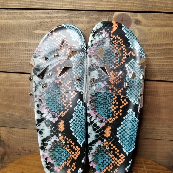 Katy Perry The Jimmi Studded Clear Snake Skin Slides NWOT 7M - Picture 5 of 8